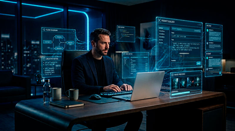 Profissional trabalhando com interfaces de Inteligência Artificial