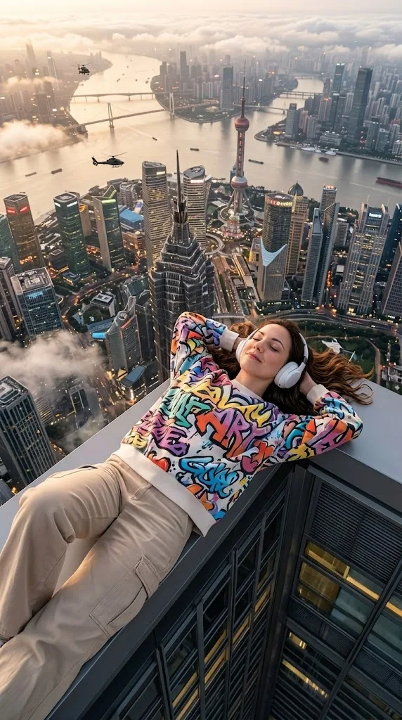 Prompt para Foto Cinematográfica no Topo de um Arranha-Céu com IA — exemplo de prompt de IA para Imagens em Google Flow