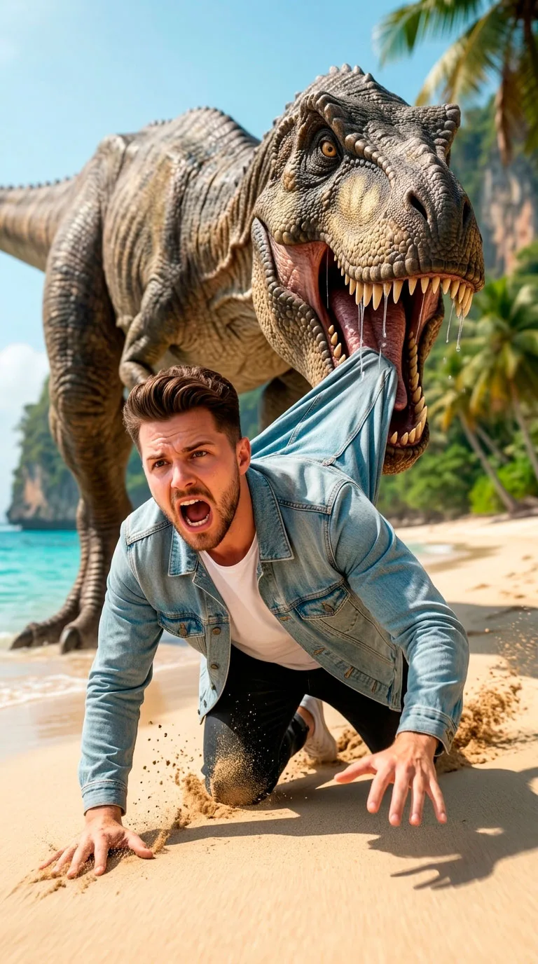 Prompt para Criar Foto Fugindo de um Dinossauro Jurassic Park com IA — exemplo de prompt de IA para Imagens em Gemini