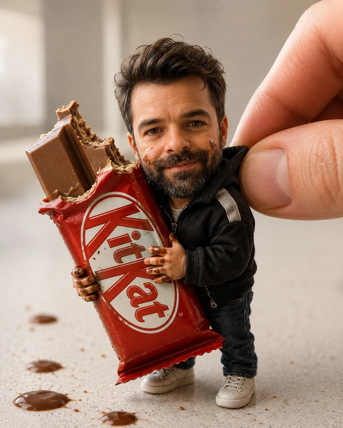 Mini Boneco Colecionável Abraçando um KitKat Gigante com Seu Próprio Rosto — exemplo de prompt de IA para Imagens em ChatGPT