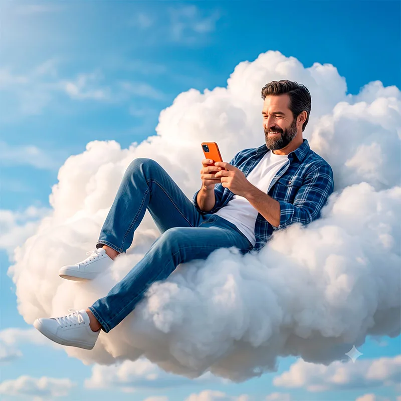 Foto nas Nuvens com Celular: Prompt IA para Retrato Hiper-Realista com Preservação de Identidade — exemplo de prompt de IA para Imagens em Gemini