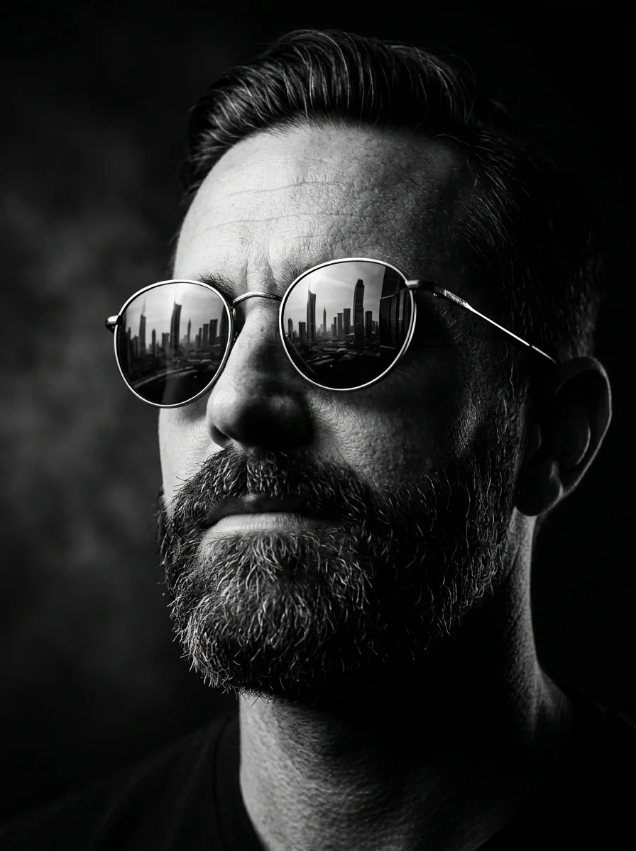 Retrato Cinematográfico Preto e Branco com Reflexo Urbano — exemplo de prompt de IA para Imagens em Google Flow