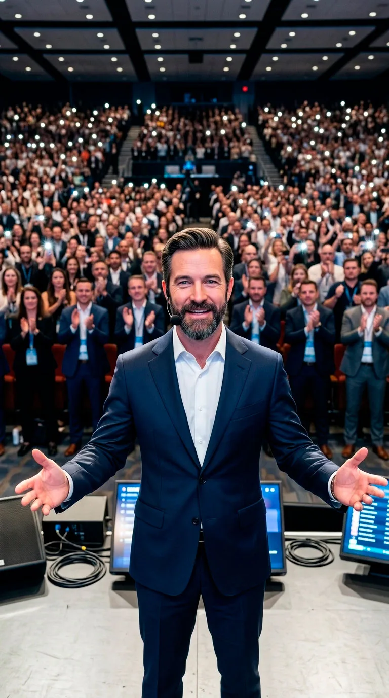 Prompt para Criar Foto de Palestrante em Palco Lotado com IA — exemplo de prompt de IA para Imagens em Google Flow