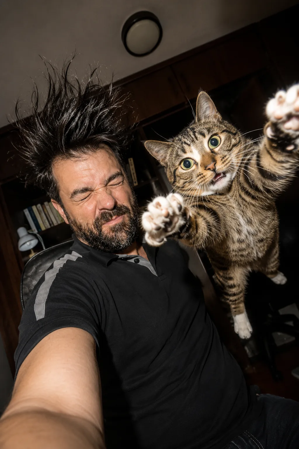 Foto Hiper-Realista de Pessoa Assustada com Gato Saltando em Cena Caótica — exemplo de prompt de IA para Imagens em ChatGPT