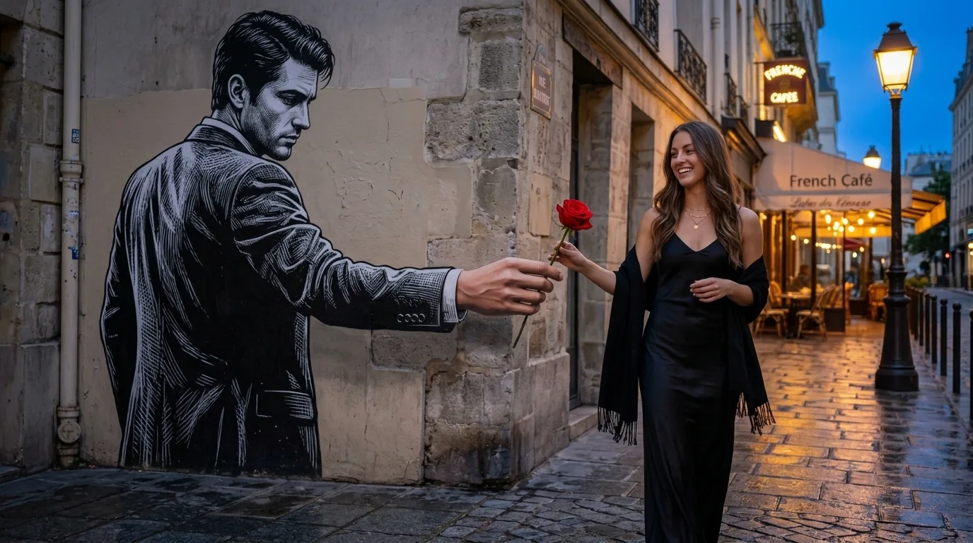 Prompt para Foto com Mural em Paris Estilo Cinematográfico — exemplo de prompt de IA para Imagens em Gemini