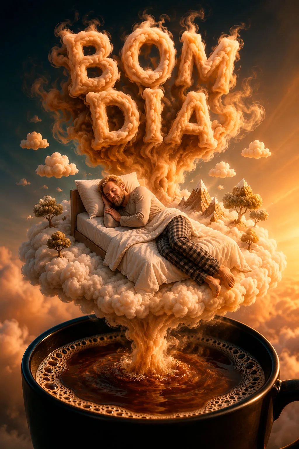 Prompt de Bom Dia com IA | Pessoa Dormindo na Nuvem de Café — exemplo de prompt de IA para Imagens em ChatGPT