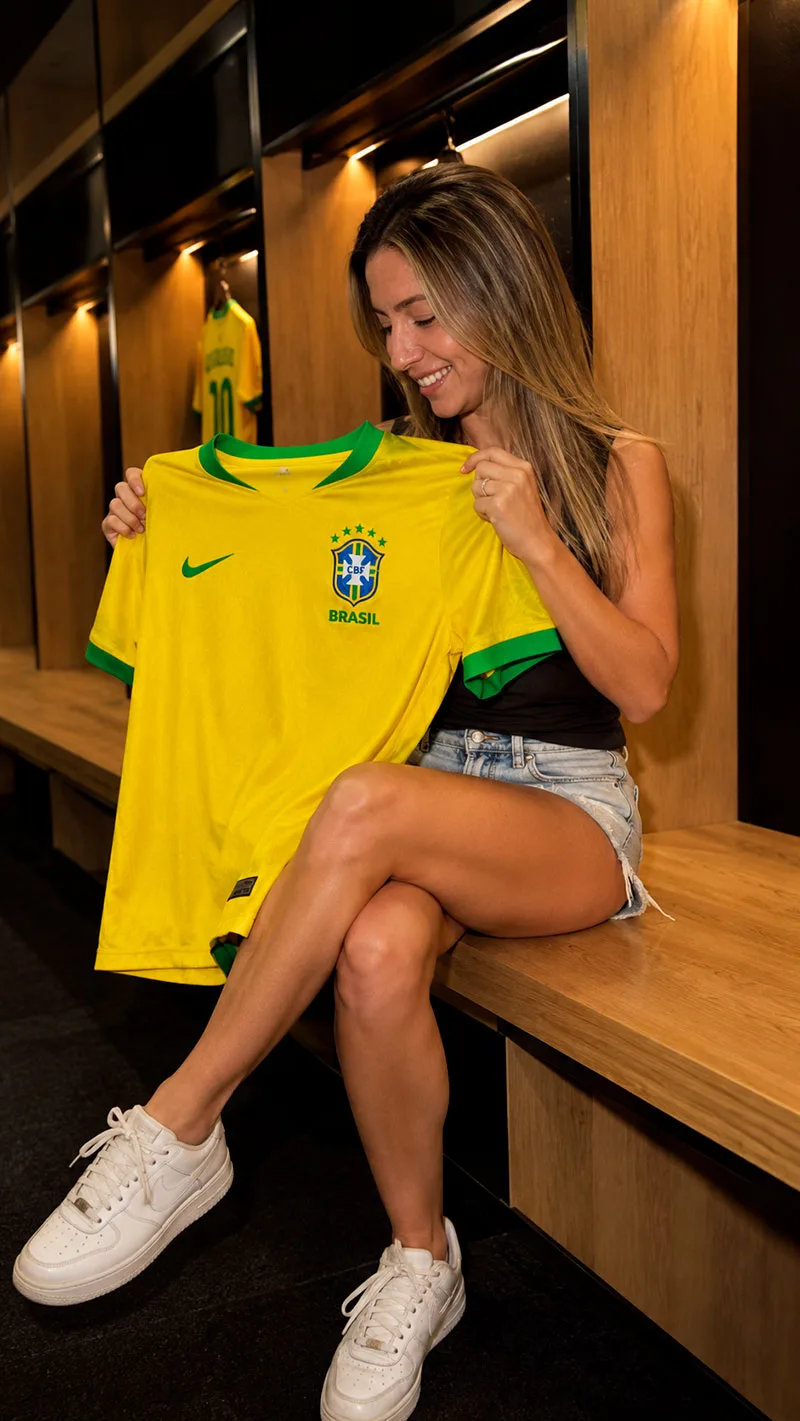 Foto Realista em Vestiário de Futebol Segurando a Camisa da Seleção Brasileira — exemplo de prompt de IA para Imagens em ChatGPT