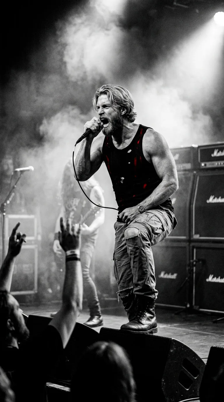 Foto de Vocalista de Banda de Doom Metal com IA: Retrato Cinematográfico em Preto e Branco — exemplo de prompt de IA para Imagens em Gemini