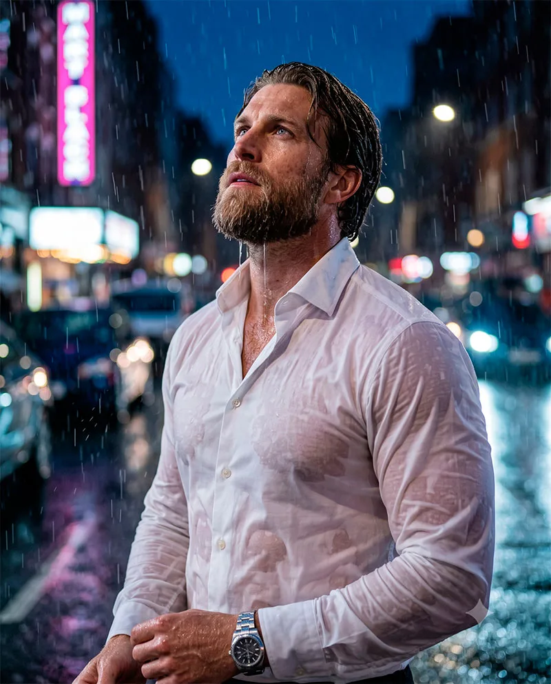 Foto Cinematográfica na Chuva à Noite com Preservação de Identidade em IA — exemplo de prompt de IA para Imagens em Gemini